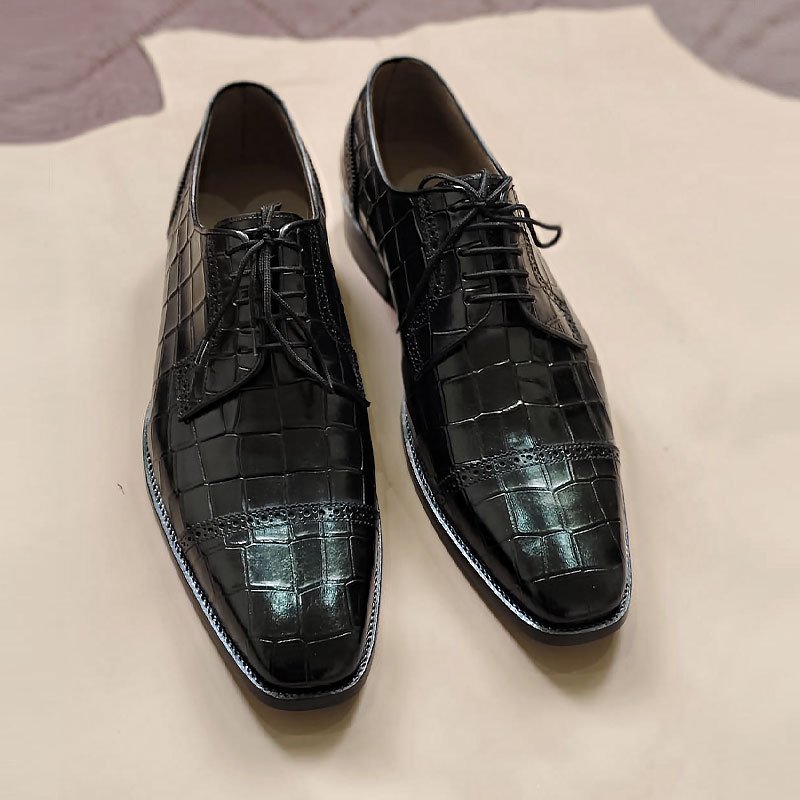 Handmade Men’s Black Crocodile Leather Lace-Up Dress Shoes for Office & Formal Wear front view