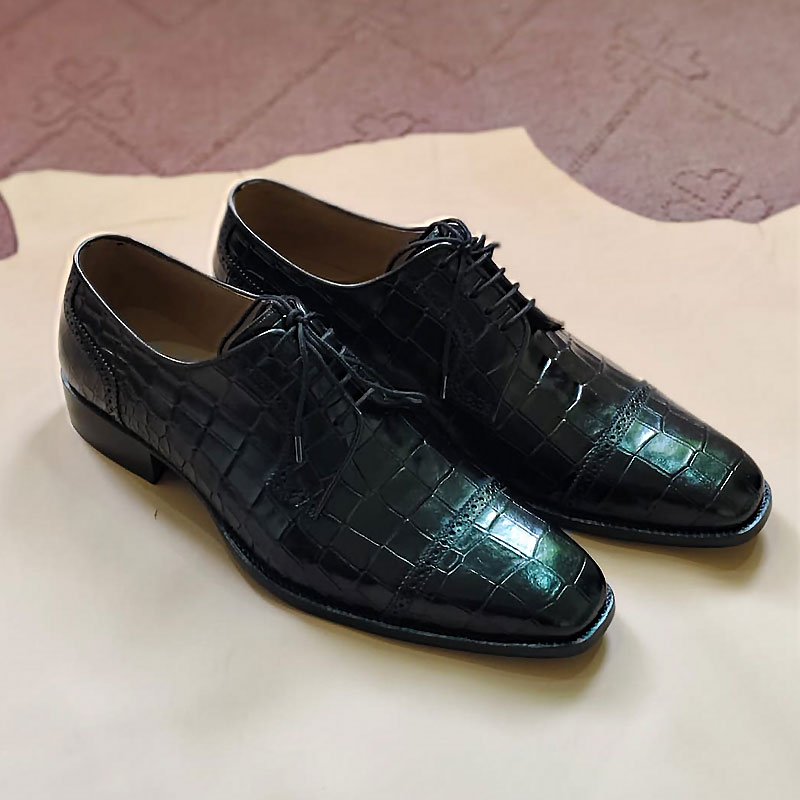 Handmade Men’s Black Crocodile Leather Lace-Up Dress Shoes for Office & Formal Wear side view