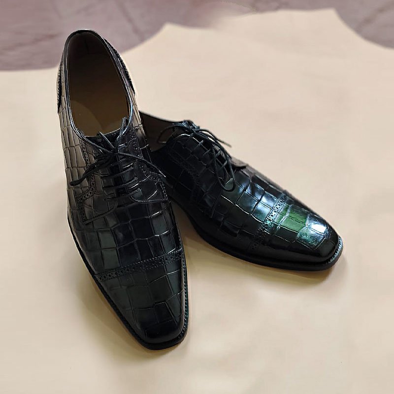 Handmade Men’s Black Crocodile Leather Lace-Up Dress Shoes for Office & Formal Wear toe-front shape clearly