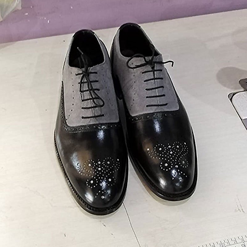 Handmade Men's Black & Gray Suede Leather Oxford Wingtip Brogue Lace Up Dress Shoes front view