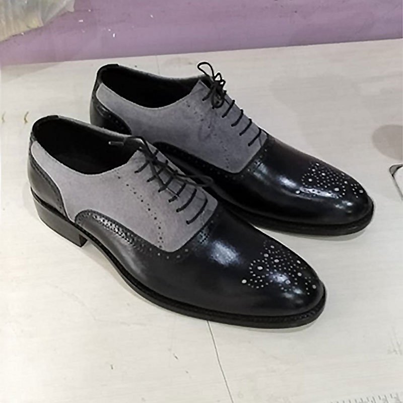 Handmade Men's Black & Gray Suede Leather Oxford Wingtip Brogue Lace Up Dress Shoes side view