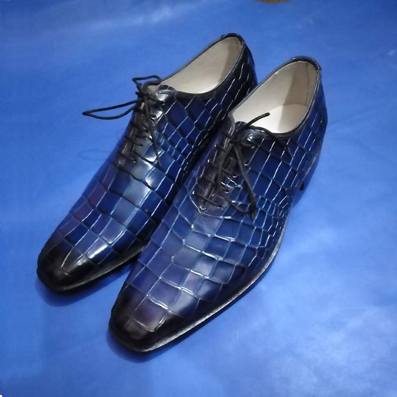 Handmade Men’s Blue Croc Embossed Leather Dress Shoes, Lace-Up Office Oxfords left view