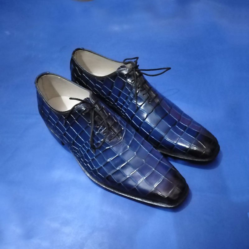 Handmade Men’s Blue Croc Embossed Leather Dress Shoes, Lace-Up Office Oxfords side view
