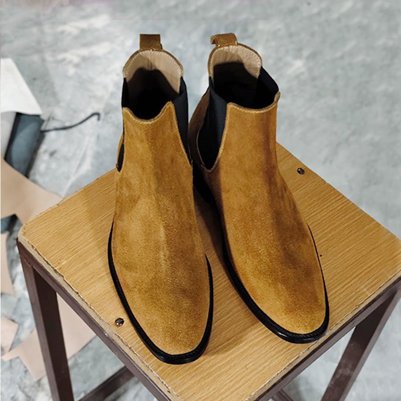 Handmade Men’s Tan Brown Suede Chelsea Ankle Boots for Office, Party & Formal Wear front view