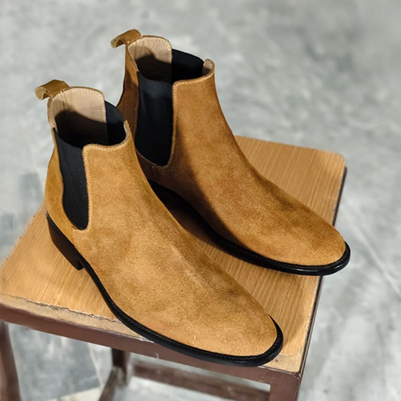 Handmade Men’s Tan Brown Suede Chelsea Ankle Boots for Office, Party & Formal Wear left view