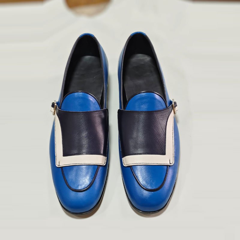 Handmade Men’s Two Tone Blue Tassel Moccasins Formal Business Shoes front view