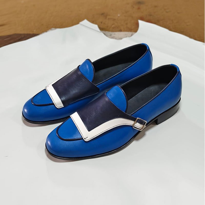 Handmade Men’s Two Tone Blue Tassel Moccasins Formal Business Shoes left view