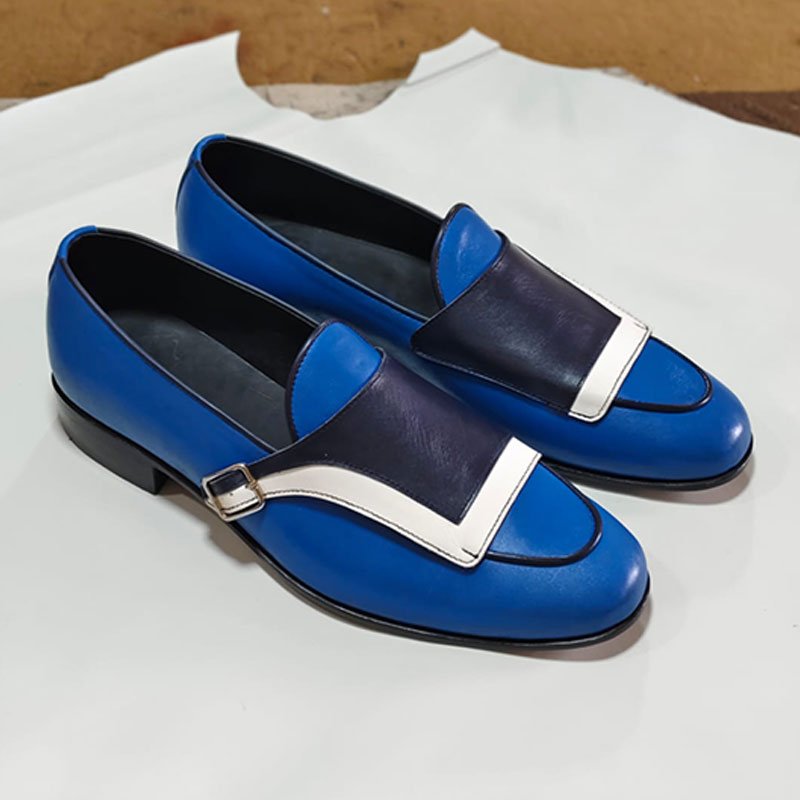 Handmade Men’s Two Tone Blue Tassel Moccasins Formal Business Shoes side view