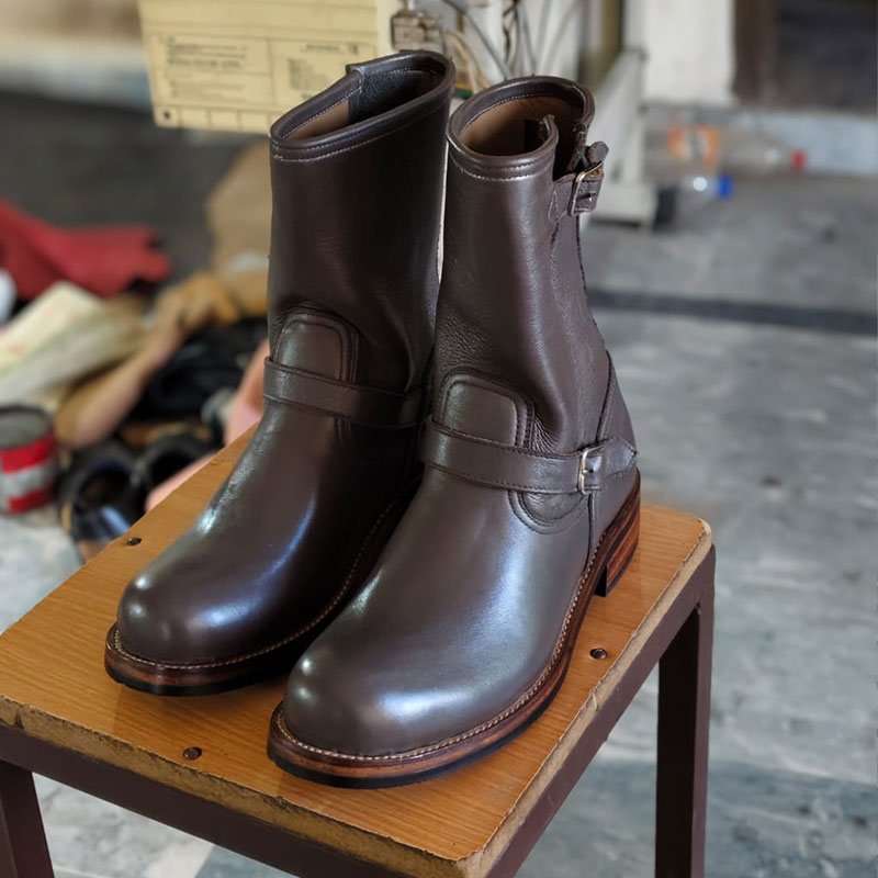 Men’s Brown Leather Engineer Boots – Handmade Buckle Strap Ankle Boots front view