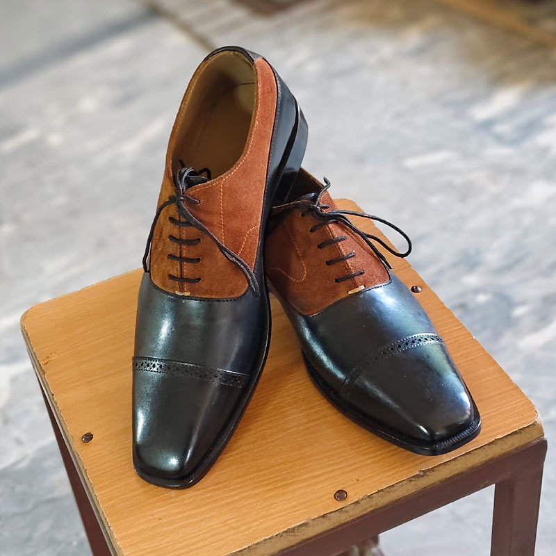 Men’s Two Tone Leather Oxford Shoes – Handmade Formal Dress Shoes toe front shape clearly