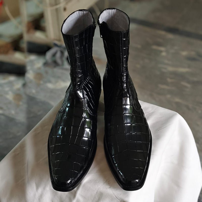 Handmade Men’s Black Crocodile Embossed Leather Ankle Boots – Side Zip Dress Boots front view