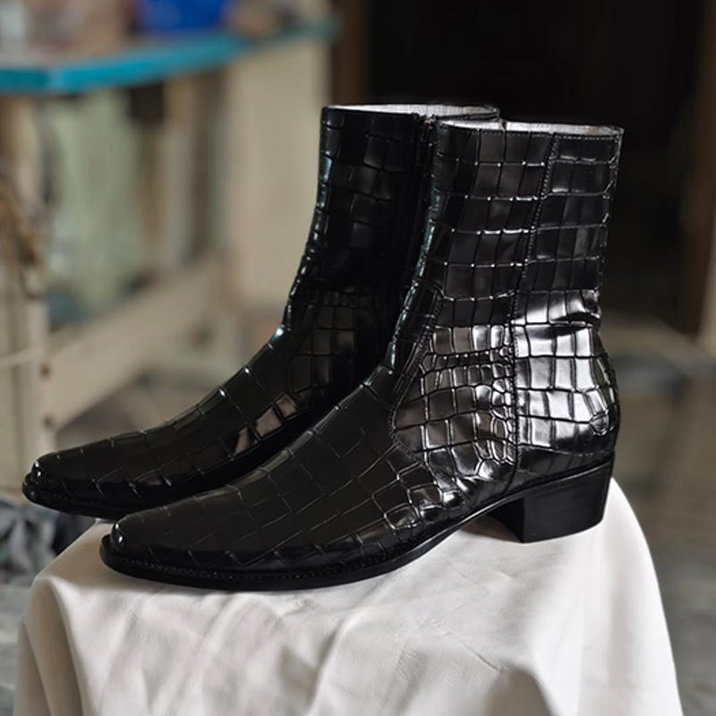 Handmade Men’s Black Crocodile Embossed Leather Ankle Boots – Side Zip Dress Boots left view