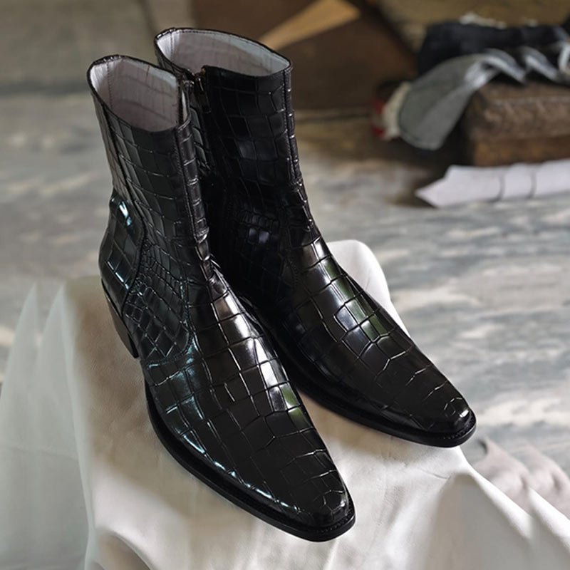 Handmade Men’s Black Crocodile Embossed Leather Ankle Boots – Side Zip Dress Boots side view