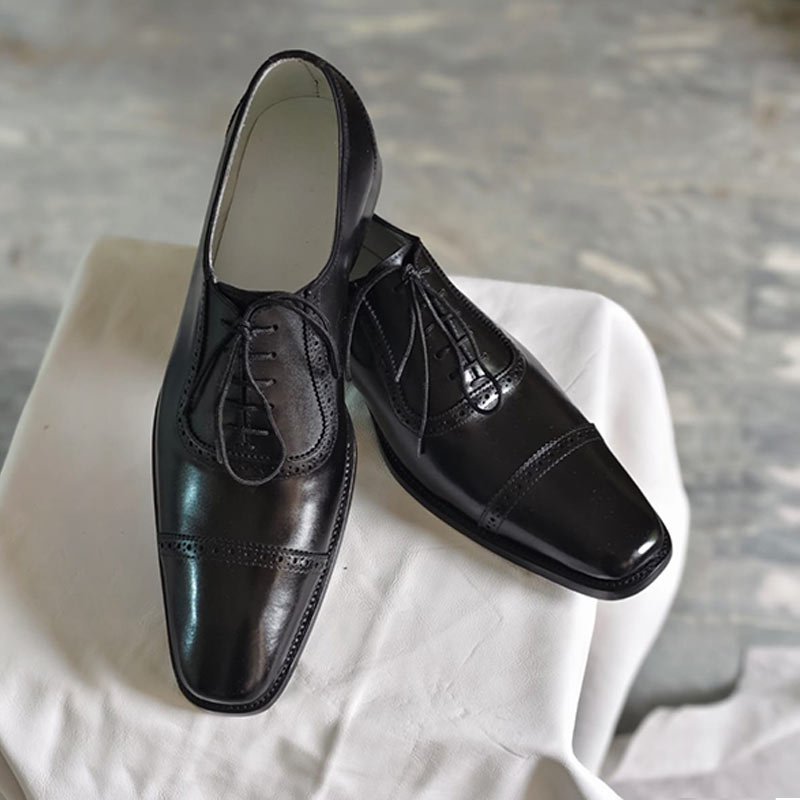 Handmade Men’s Black Leather Oxford Dress Shoes – Cap Toe Lace-Up Formal Shoes front toe & left view