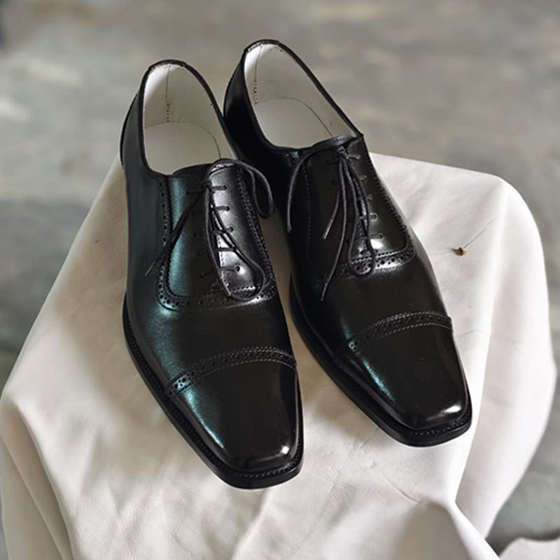 Handmade Men’s Black Leather Oxford Dress Shoes – Cap Toe Lace-Up Formal Shoes front view