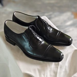 Handmade Men’s Black Leather Oxford Dress Shoes – Cap Toe Lace-Up Formal Shoes side view