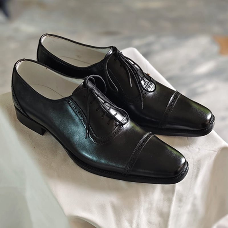 Handmade Men’s Black Leather Oxford Dress Shoes – Cap Toe Lace-Up Formal Shoes side view