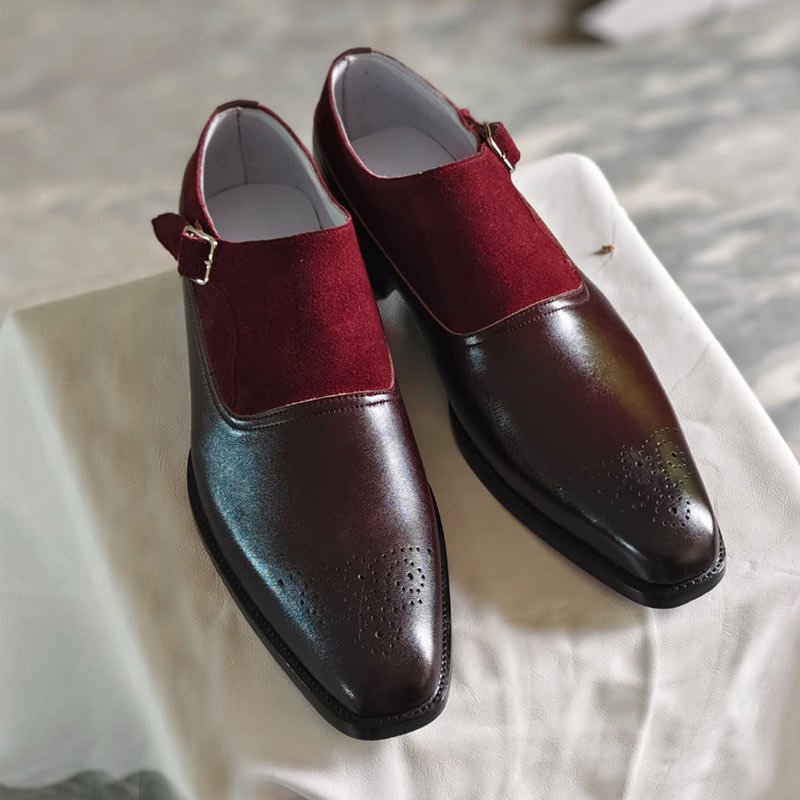 Handmade men’s brown leather and burgundy suede monk strap dress shoes with side buckle front side view