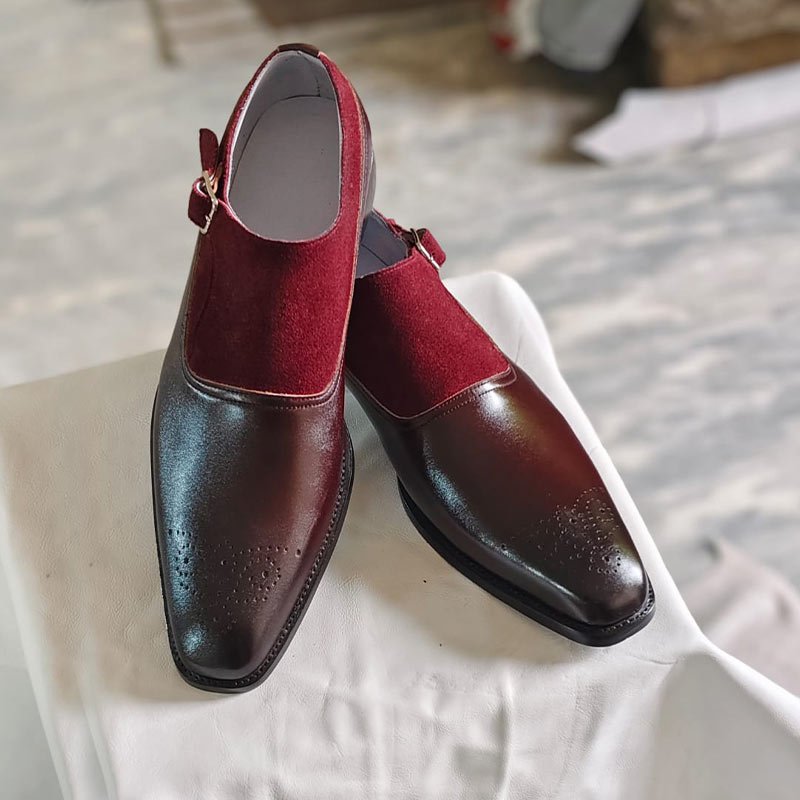 Handmade men’s brown leather and burgundy suede monk strap dress shoes with side buckle front toe side view