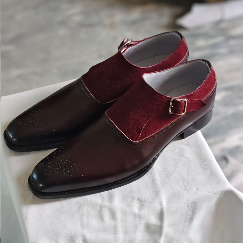 Handmade men’s brown leather and burgundy suede monk strap dress shoes with side buckle left side view