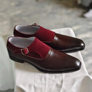 Handmade men’s brown leather and burgundy suede monk strap dress shoes with side buckle side view