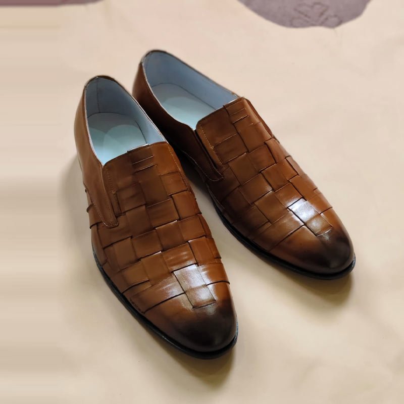 Handmade Men’s Brown Woven Leather Loafers – Slip-On Formal Dress Shoes front view