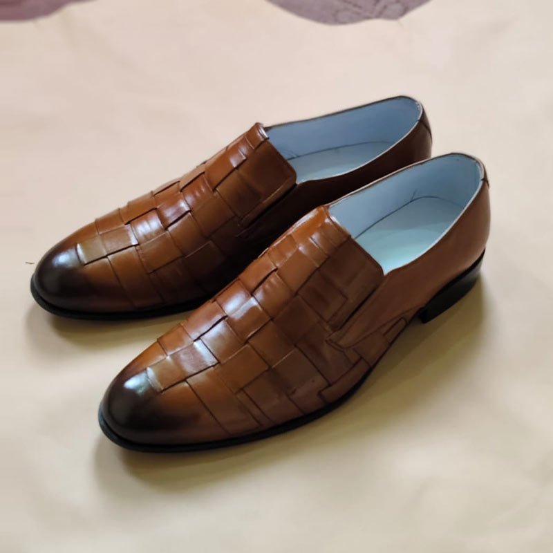 Handmade Men’s Brown Woven Leather Loafers – Slip-On Formal Dress Shoes left view