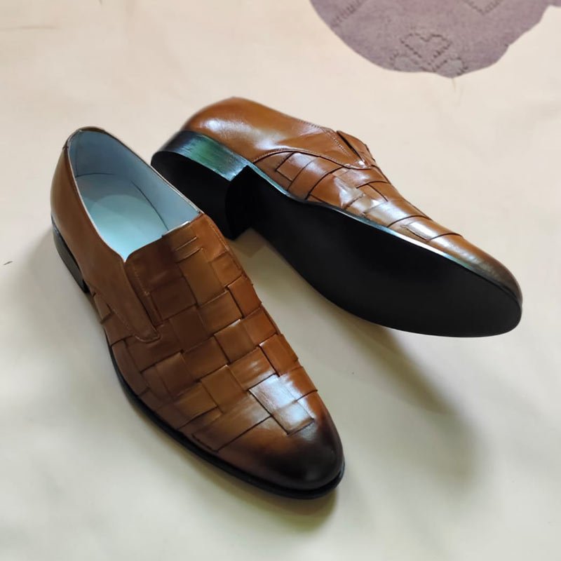 Handmade Men’s Brown Woven Leather Loafers – Slip-On Formal Dress Shoes side & back view