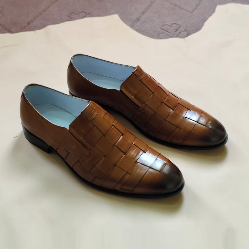 Handmade Men’s Brown Woven Leather Loafers – Slip-On Formal Dress Shoes side view