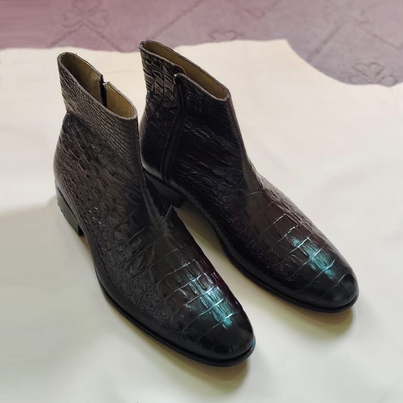 Handmade Men’s Dark Brown Crocodile Embossed Leather Chelsea Boots side view