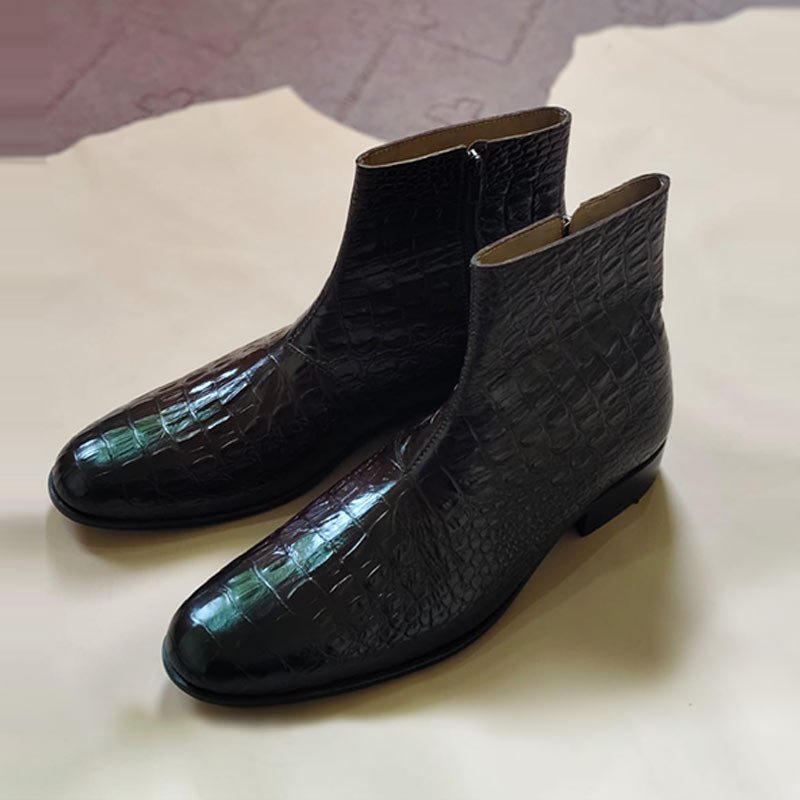 Handmade Men’s Dark Brown Crocodile Embossed Leather Chelsea Boots left view