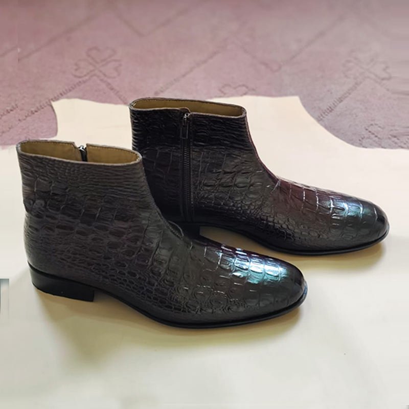 Handmade Men’s Dark Brown Crocodile Embossed Leather Chelsea Boots left view