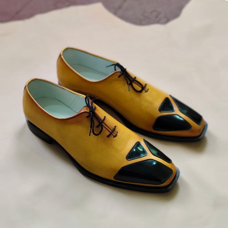 Handmade Men’s Mustard Yellow & Black Leather Oxford Dress Shoes – Lace-Up Formal Shoes side view