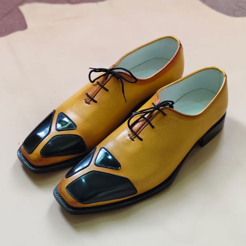 Handmade Men’s Mustard Yellow & Black Leather Oxford Dress Shoes – Lace-Up Formal Shoes left view