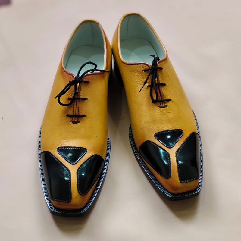 Handmade Men’s Mustard Yellow & Black Leather Oxford Dress Shoes – Lace-Up Formal Shoes front view